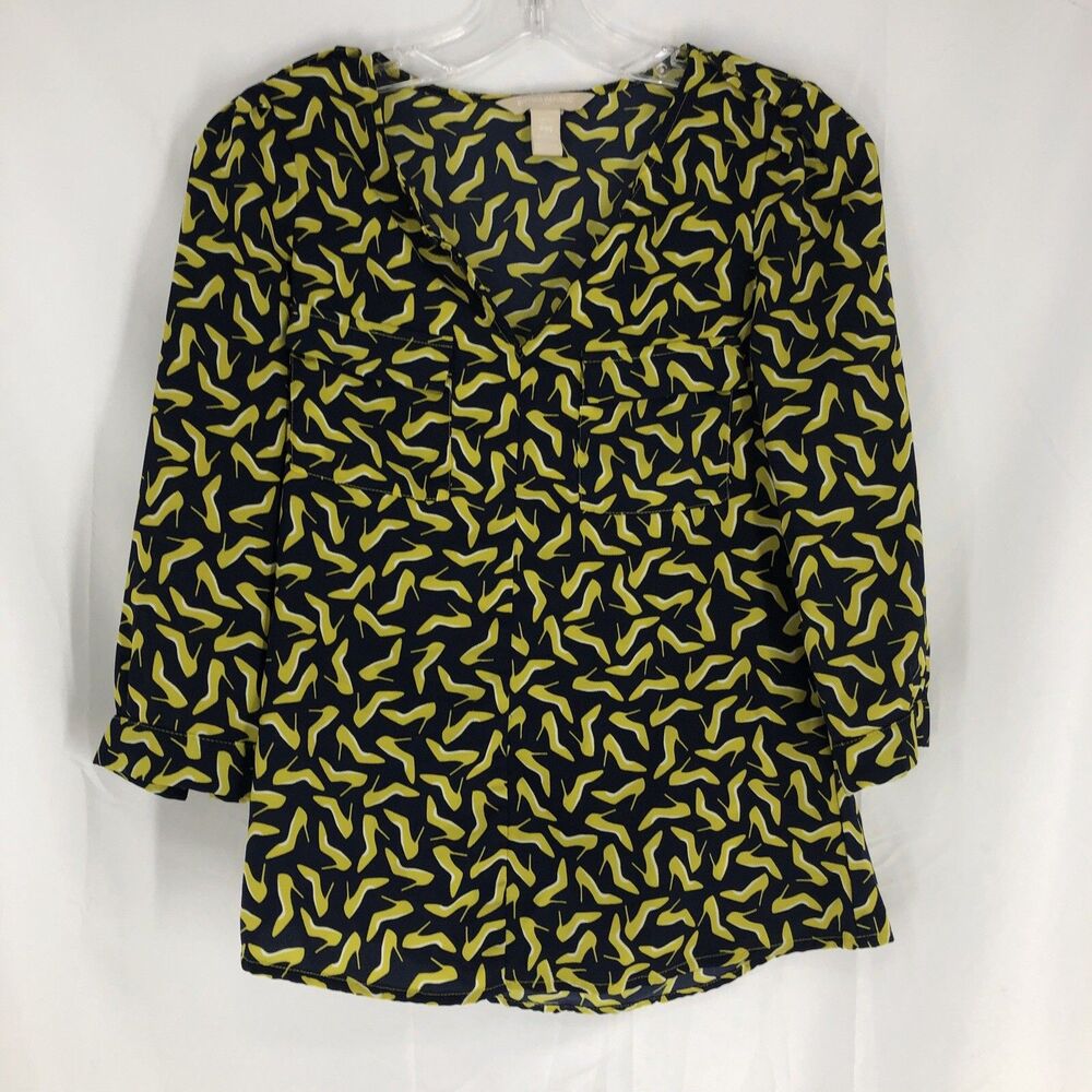 Banana Republic Blouse - blue & yellow high heels Shoe print - size Petite XXS